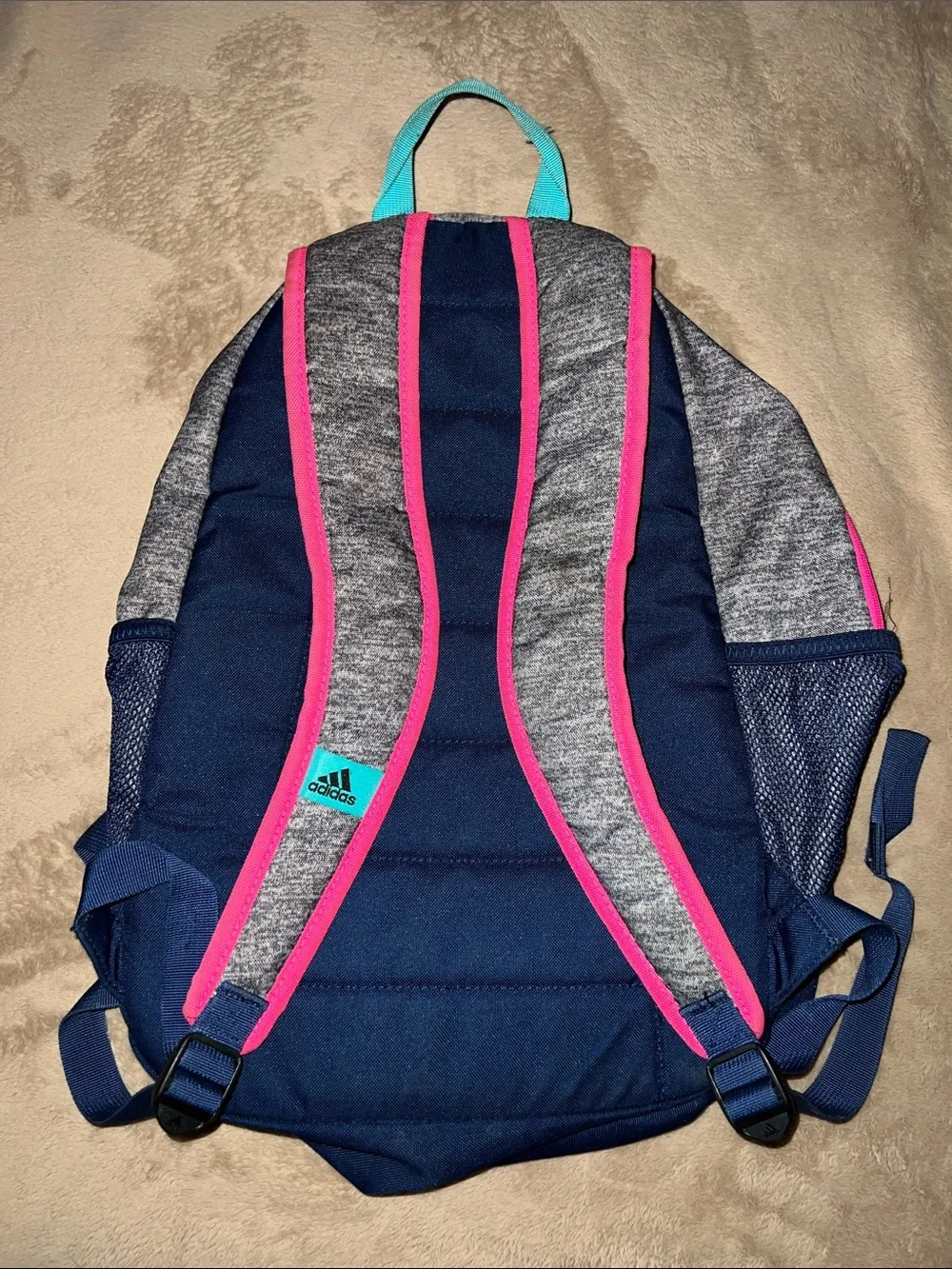 Adidas Gray School Backpack with Pink Zippers & Teal & Blue Accents